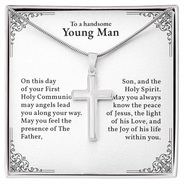 First Holy Communion cross necklace card for a young man