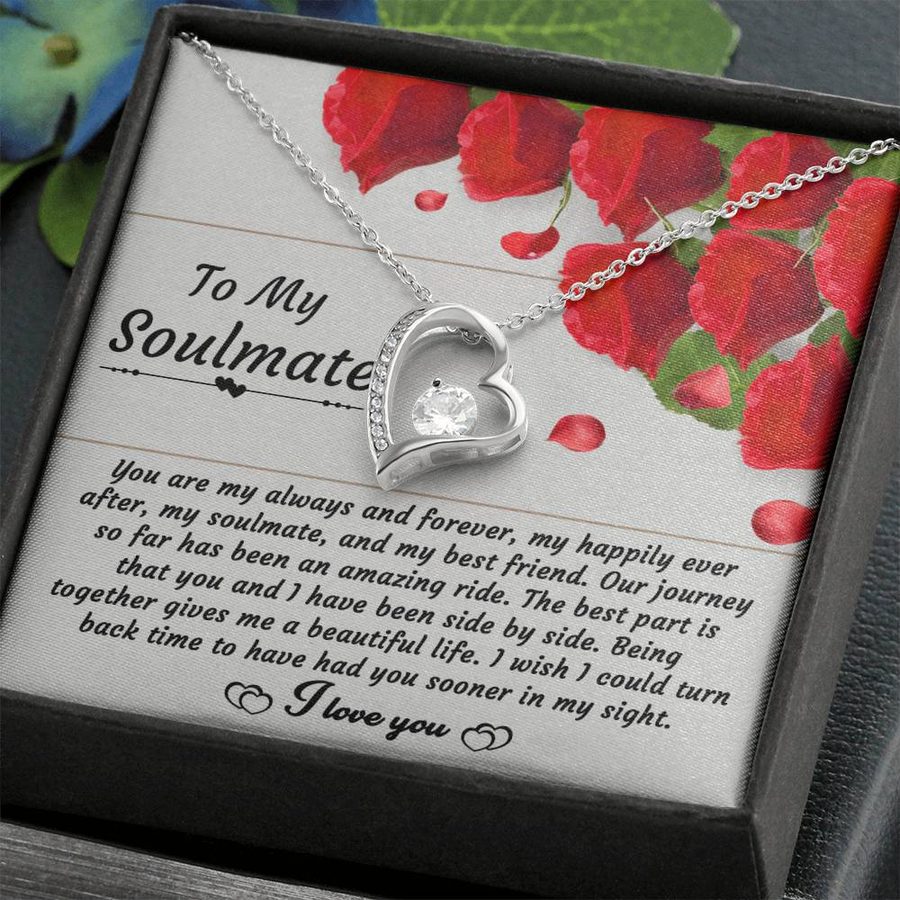 Soulmate necklace card presented in a rose-filled gift box